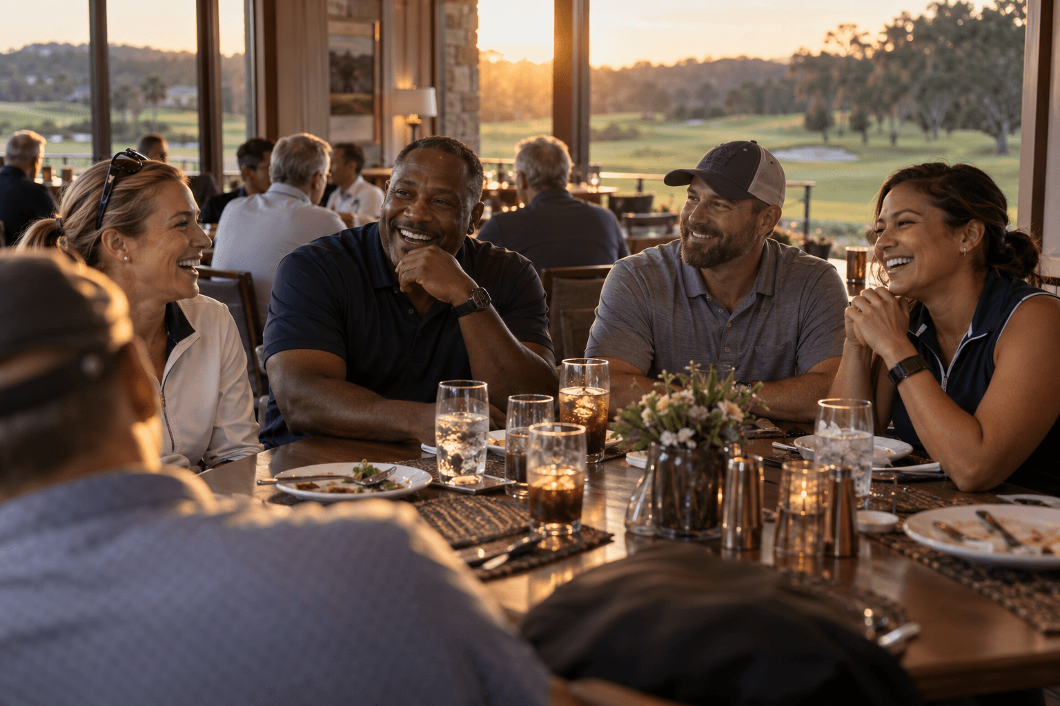 A golden-hour clubhouse dinner table set for a group.